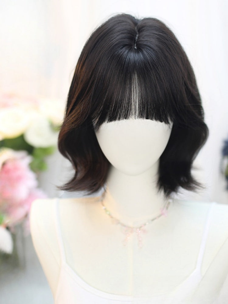 Black Tea Shoulder Length Wig with Curtain/Air Bangs