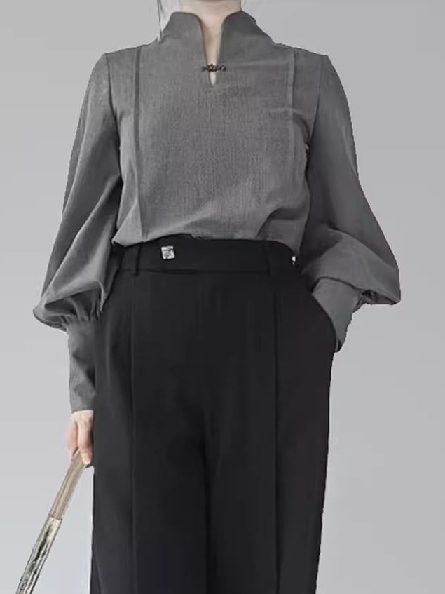 Chinese Collar Balloon Style Design Button - Frog Gray Mandarin Sleeves Blouse