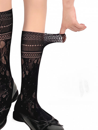 Off-White/Black Floral Pattern Cut-out Design Calf Socks