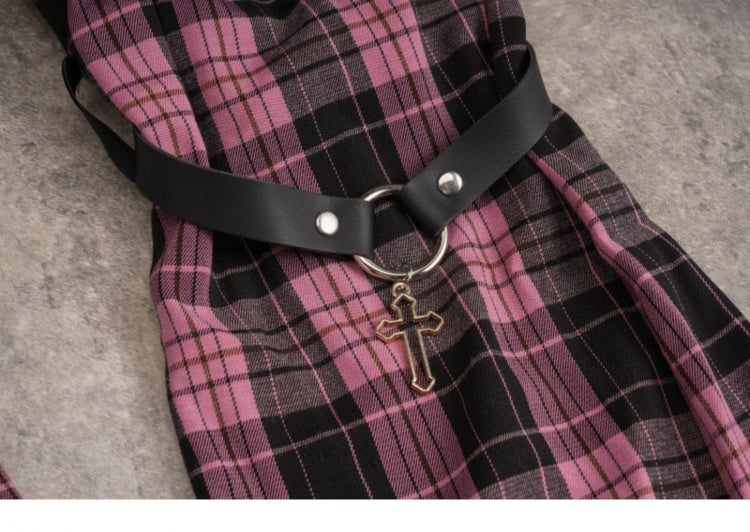 ピンズ ブラック＆ピンクのチェック柄レッグスリーブ