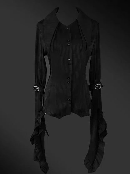 Black Pointed Shirt Flat Lolita Gothic Collar Long Available Sizes Plus Sleeves Layered