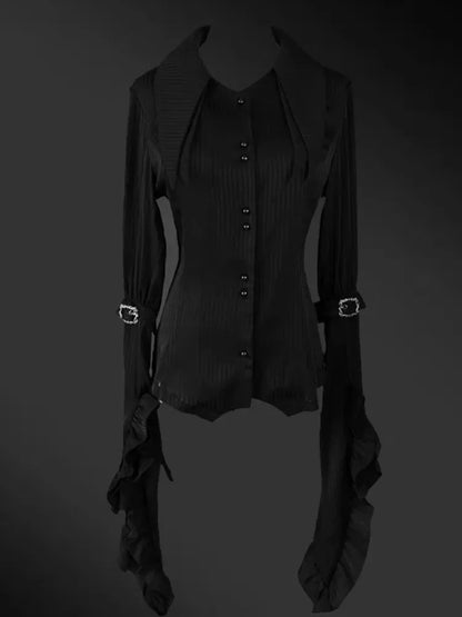 シャツ ロリータ プラス レイヤードスリーブ ゴシック サイズ展開 尖った 黒 フラットカラー ロング