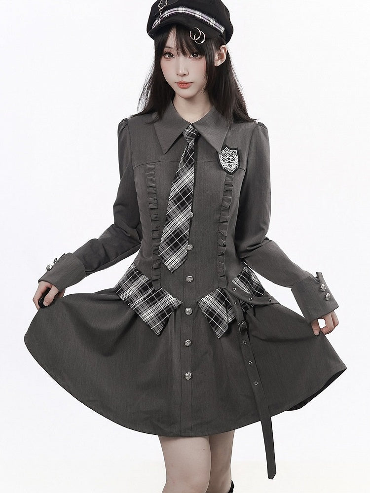 Ruffle Accent Gray Long Sleeve Preppy Dress with Plaid Tie & Shirt Collar - PINK SAVIOR