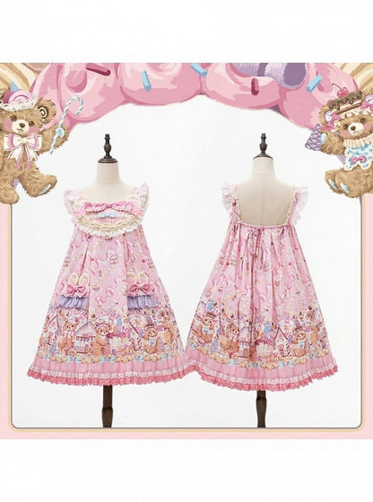 Kawaii Puff Sleeves Lolita JSK Dress with Bear Cake Theme Floral Print - Mewroco