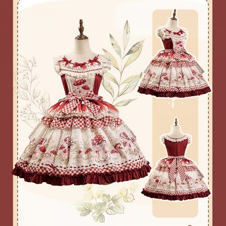 Red and Beige Gingham Mushroom Print Dress with Lace Overlay - Honey Machine