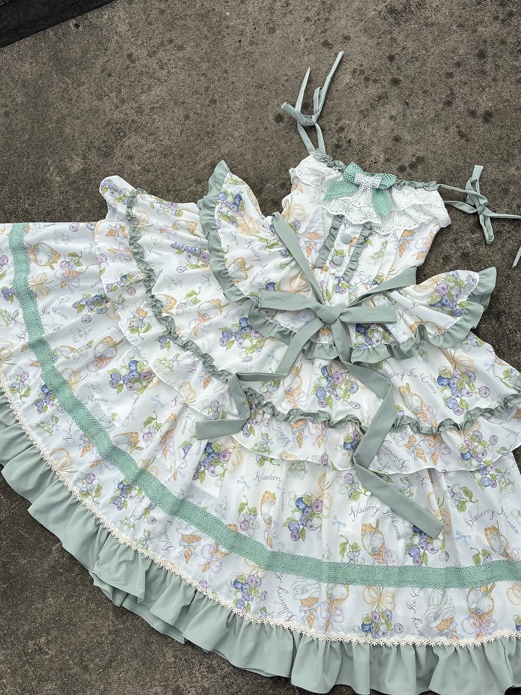 Gestuftes Rüschenkleid mit leichtem Rockbesatz und Blaubeercreme-Grün-Eisdruck Lolita