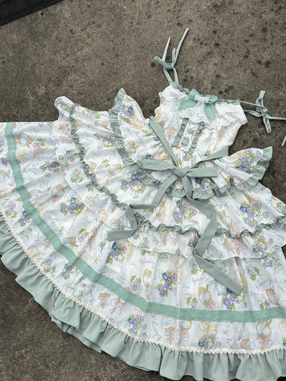 Gestuftes Rüschenkleid mit leichtem Rockbesatz und Blaubeercreme-Grün-Eisdruck Lolita