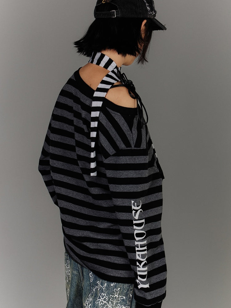 Schwarz-graues Streifen-Applikationsdesign, asymmetrischer Ausschnitt, Kordelzug, Punk-Top