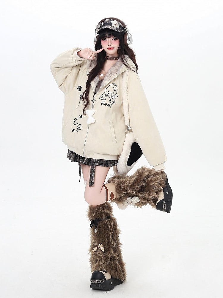 Cozy Suede Cat-Ear Hooded Coat with Plush Lining and Embroidered Cat Details Black/Apricot