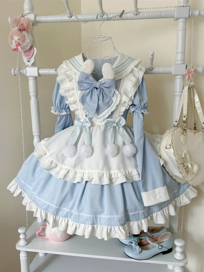 White Maid Sailor Blue Dress Sleeves Apron Ears Lolita Short Collar with Bunny