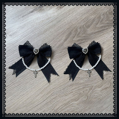 with Kei Hairclips Bow Dangling Kawaii Cross - Hairpin Gothic Black Jirai Beaded Chain