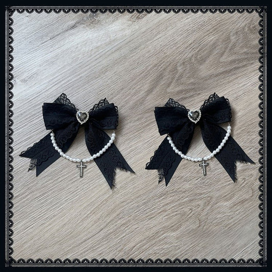 with Kei Hairclips Bow Dangling Kawaii Cross - Hairpin Gothic Black Jirai Beaded Chain