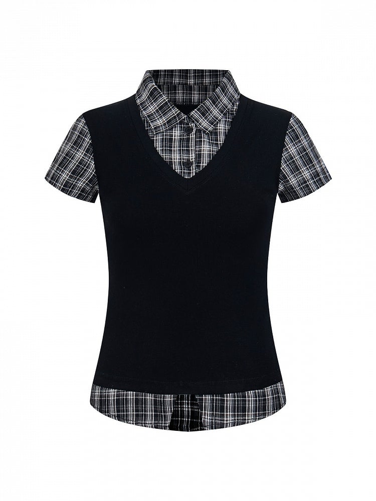 Black Plaid Two-Piece Short Sleeve Top - Languid Park