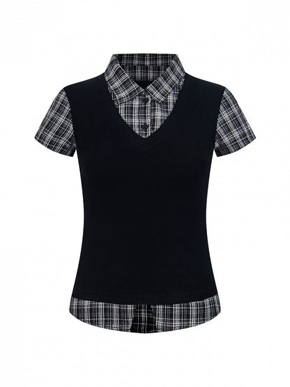 Black Plaid Two-Piece Short Sleeve Top - Languid Park