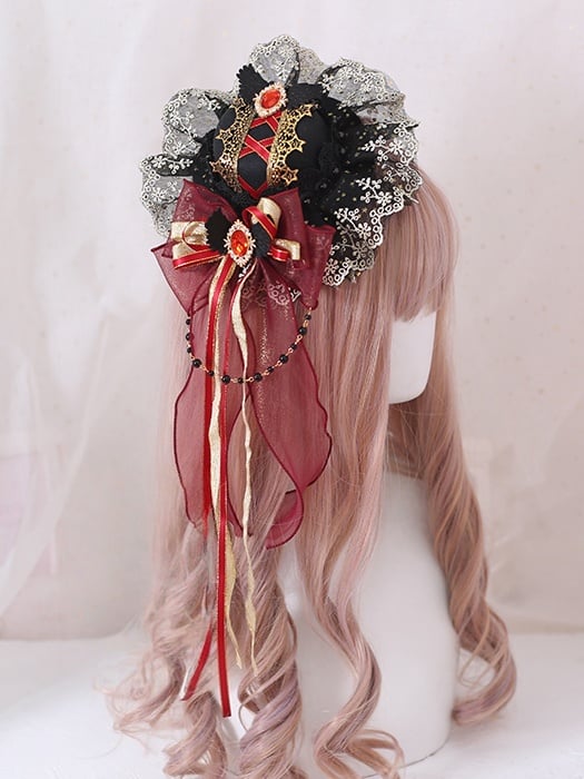 Abnehmbarer wunderschöner / schwarzer roter Lolita-Schleifenhut mit Gothic-Motiv