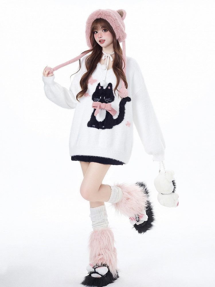 Charming White V-Neck Pullover with Cat Print - CRAZY GIRL