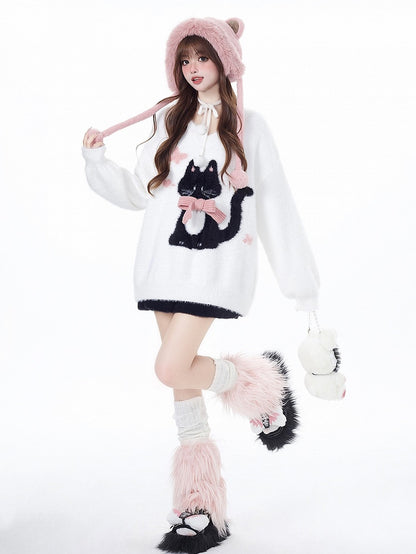 Charming White V-Neck Pullover with Cat Print - CRAZY GIRL