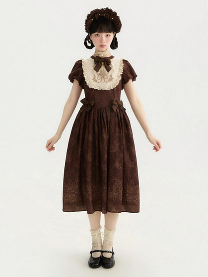 Bodice Lolita Long and Classic Floral Brown One Piece Embroidery Version Bowknot