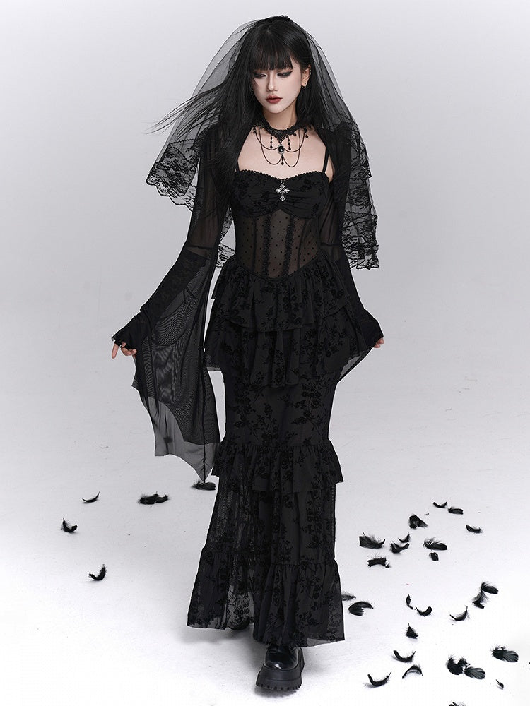 Gothic Black Mermaid Slip Dress with Polka Dot Sheer Top and Floral Embroidery Tiered Skirt - Lady Ghost