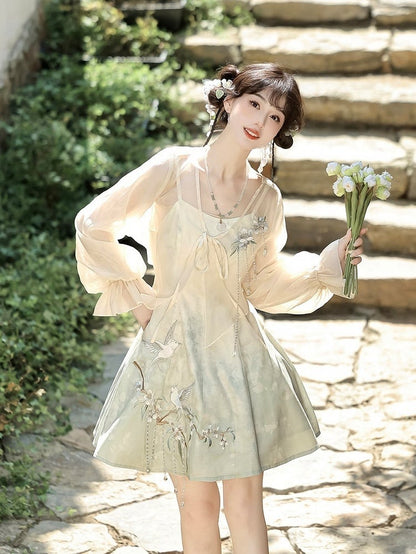 Sheer Top Set with Light Green Sleeveless Dress, Floral and Bird Embroidery, Modern Chinese Style - Han Ru Chu Hanfu &amp; Han-Element Studi