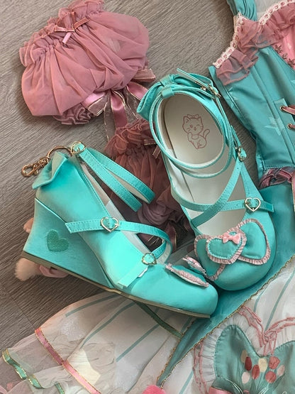 Toe Heart Wedge Sweet Details with Accents in Mary Janes Round Lolita Green Bow