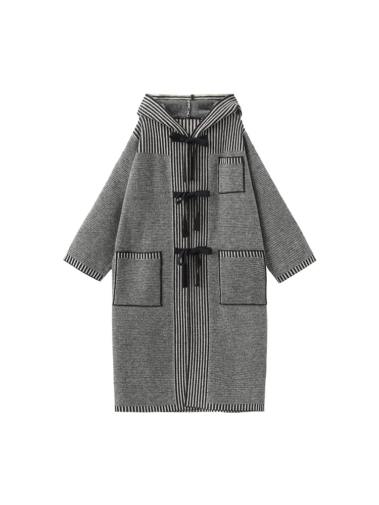 Cardigan Coat Tie-Front Closure Striped Bow Preppy Vintage with Gray Hooded