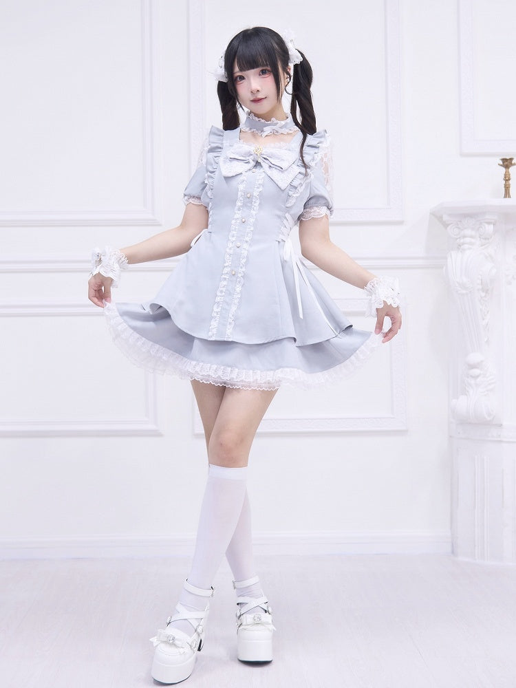 Kleidrock mit seitlicher Schnürung, Mini-Light-Kei-Style-Jirai-Schulter, passender Ausschnitt und graues Detailset: