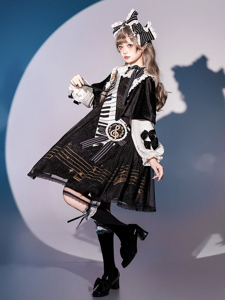 Musical Note Print Black and White Long Sleeves Lolita OP Full Set