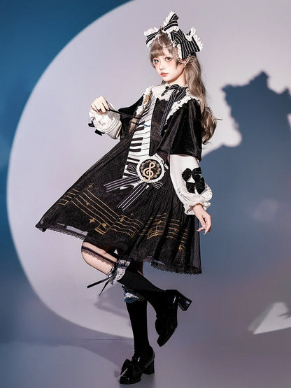 Musical Note Print Black and White Long Sleeves Lolita OP Full Set