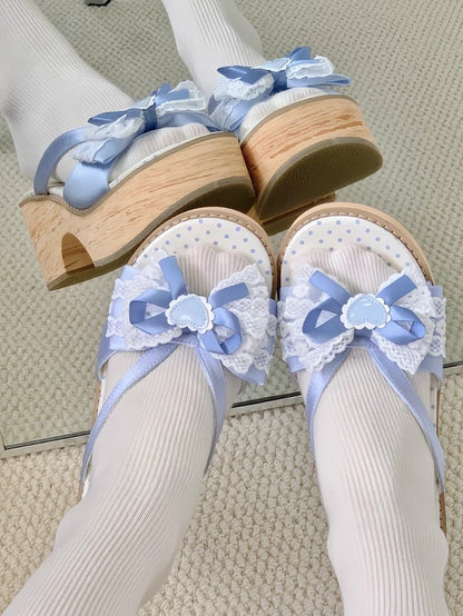 Platform Bow Grain Applique with Sole Decorative Heart Slippers Wood