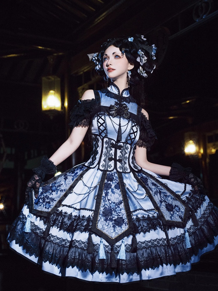 Blue and Black Elegant Cheongsam Collar Qipao Dress + Boned Corset Belt + Tassels Overlay Qi Lolita JSK Set