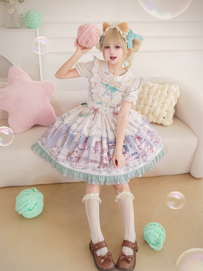 かわいい子猫と緑のリボンのスイートロリータドレス、ひらひらショルダーストラップのジャンパースカート