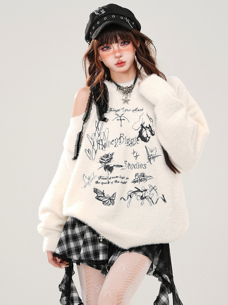 Apricot/Black Butterflies and Bows Cutout Shoulder Mohair Soft Sweater