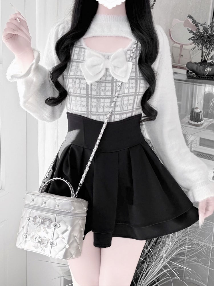 Open-Bust Sweater Plush Decorative Gray in Landmine Bow Mink with Style Plaid