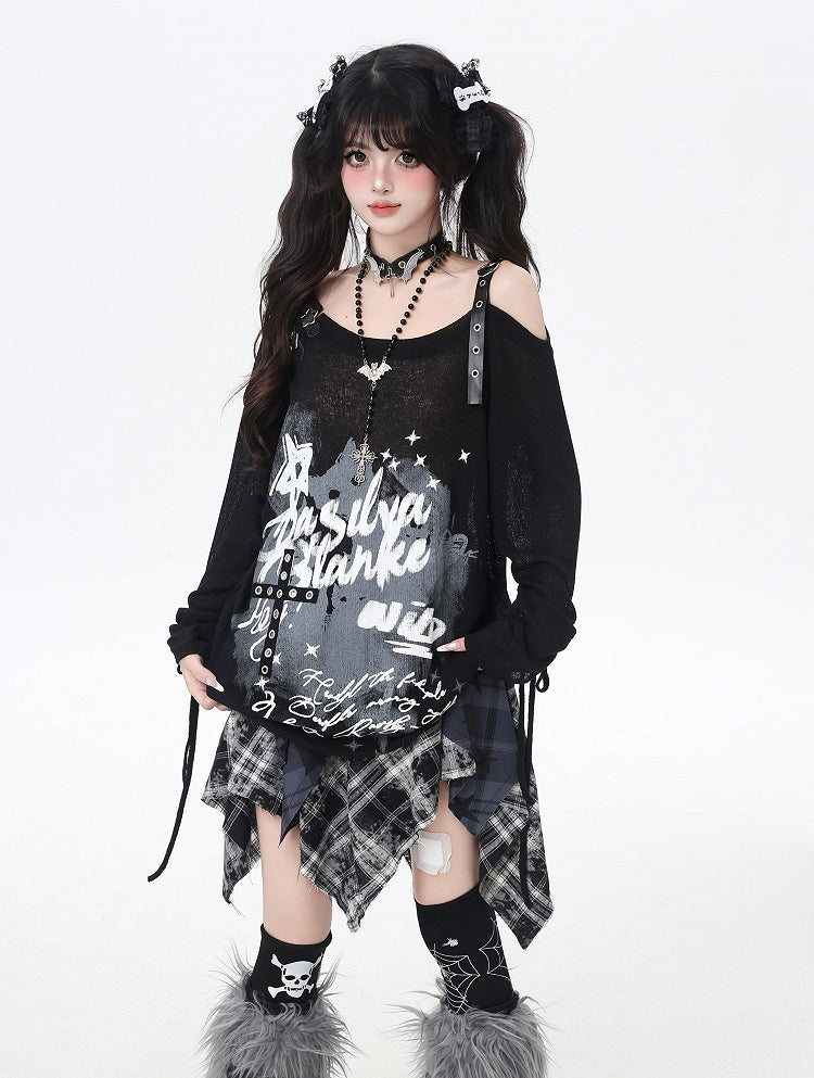 Gray/Black Asymmetrical Neckline Graffiti Print Star Light Buckles Coverup