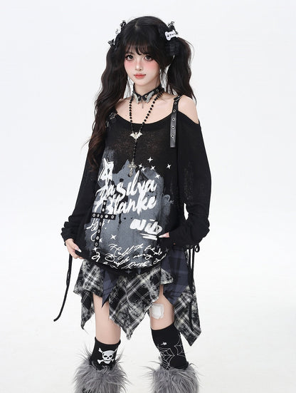 Gray/Black Asymmetrical Neckline Graffiti Print Star Light Buckles Coverup