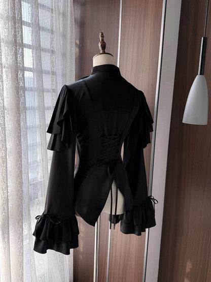 Black Shoulder Ruffle Panels Lolita Blouse with Aristocrat Cascading Ouji