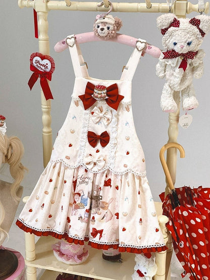 Beige Bear & Strawberry Print Adjustable-Strap Jumper Dress - Honey Village
