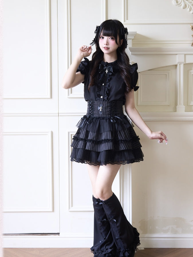 Jirai Kei Peter Sleeves Lolita Ruffled Lace Trim Pan Collar Black Blouse with Detachable Bell Gothic Bowknot