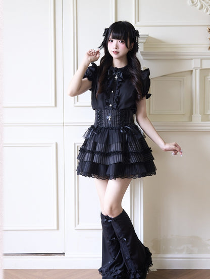Jirai Kei Peter Sleeves Lolita Ruffled Lace Trim Pan Collar Black Blouse with Detachable Bell Gothic Bowknot
