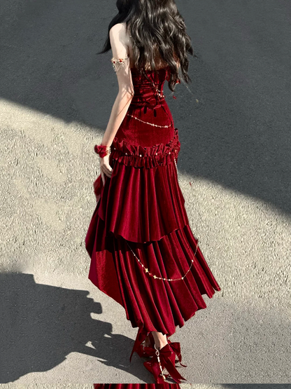 Red Velvet Mermaid Skirt Backless Siren Dress Evening Gown
