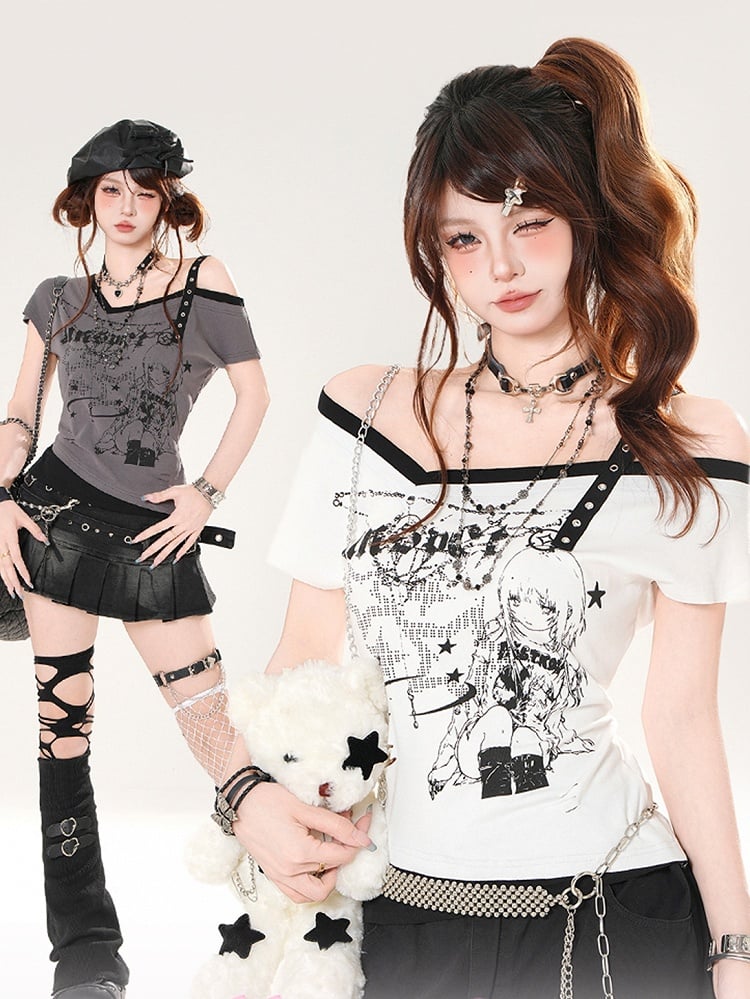 T-shirt Asymmetrical Neckline Slim-fitting Anime Girl Print Gray/White