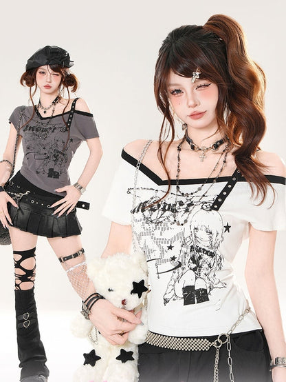 T-shirt Asymmetrical Neckline Slim-fitting Anime Girl Print Gray/White