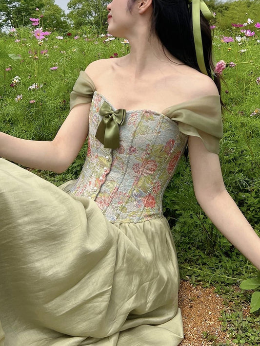 ヴィンテージ油絵花柄生地グリーンボーンコルセットトップ