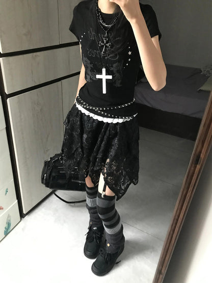 Alt Lace T-shirt Black Everyday with Trim