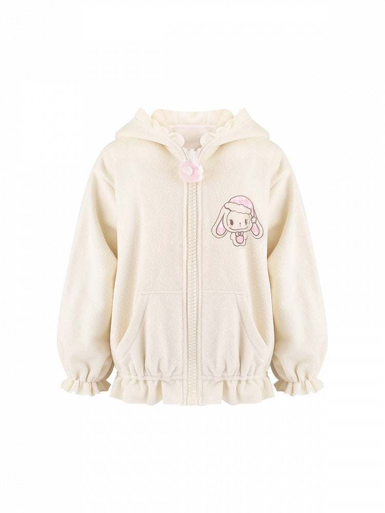 Sweet Beige Pink Gingham Bunny Ear Hooded Jacket with Embroidery Ruffle Details - serendipity