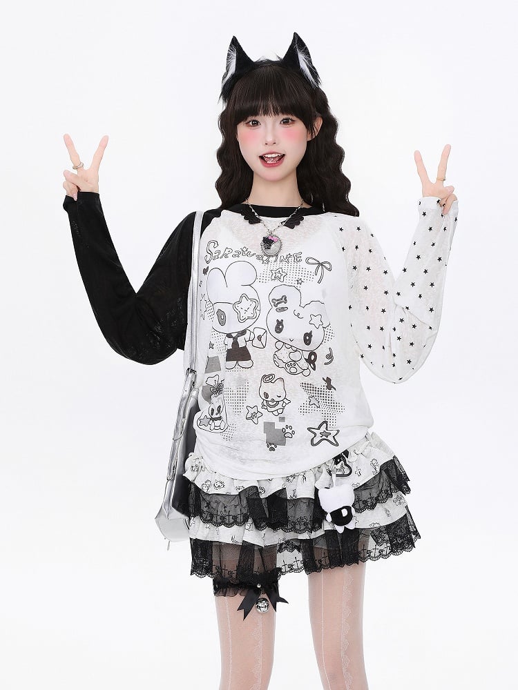 BlackWhite/PinkBlue Bunny  Kitten Print Long Sleeve Top - Daily Kawaii Colorblock Design