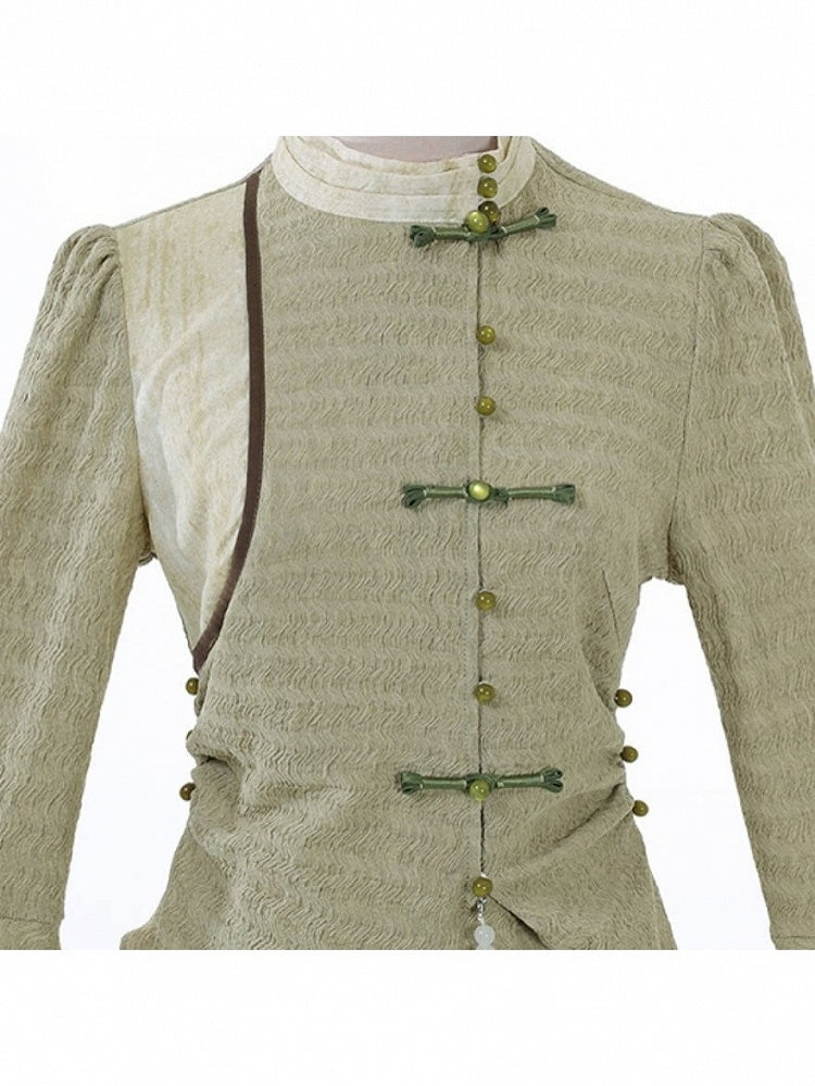 Asymmetrical Hem Green Long-Sleeved Top in Modern Chinese Style - Han Ru Chu Hanfu &amp; Han-Element Studi