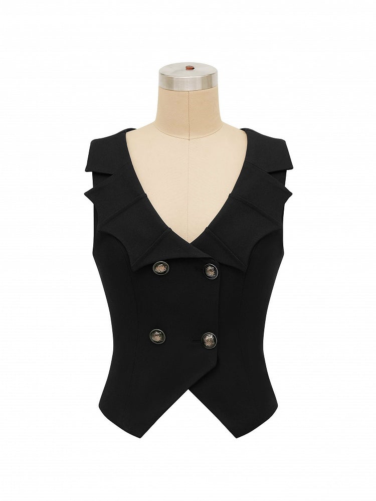 ブラックゴシックコウモリの羽根模様の襟付きベスト、後ろレースアップ