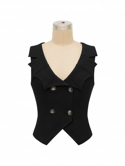 ブラックゴシックコウモリの羽根模様の襟付きベスト、後ろレースアップ